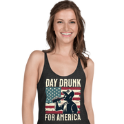 Racerback tank with Day Drunk for America text, silhouette of a man drinking a bottle of beer, and distressed American flag background. Perfect for 4th of July.