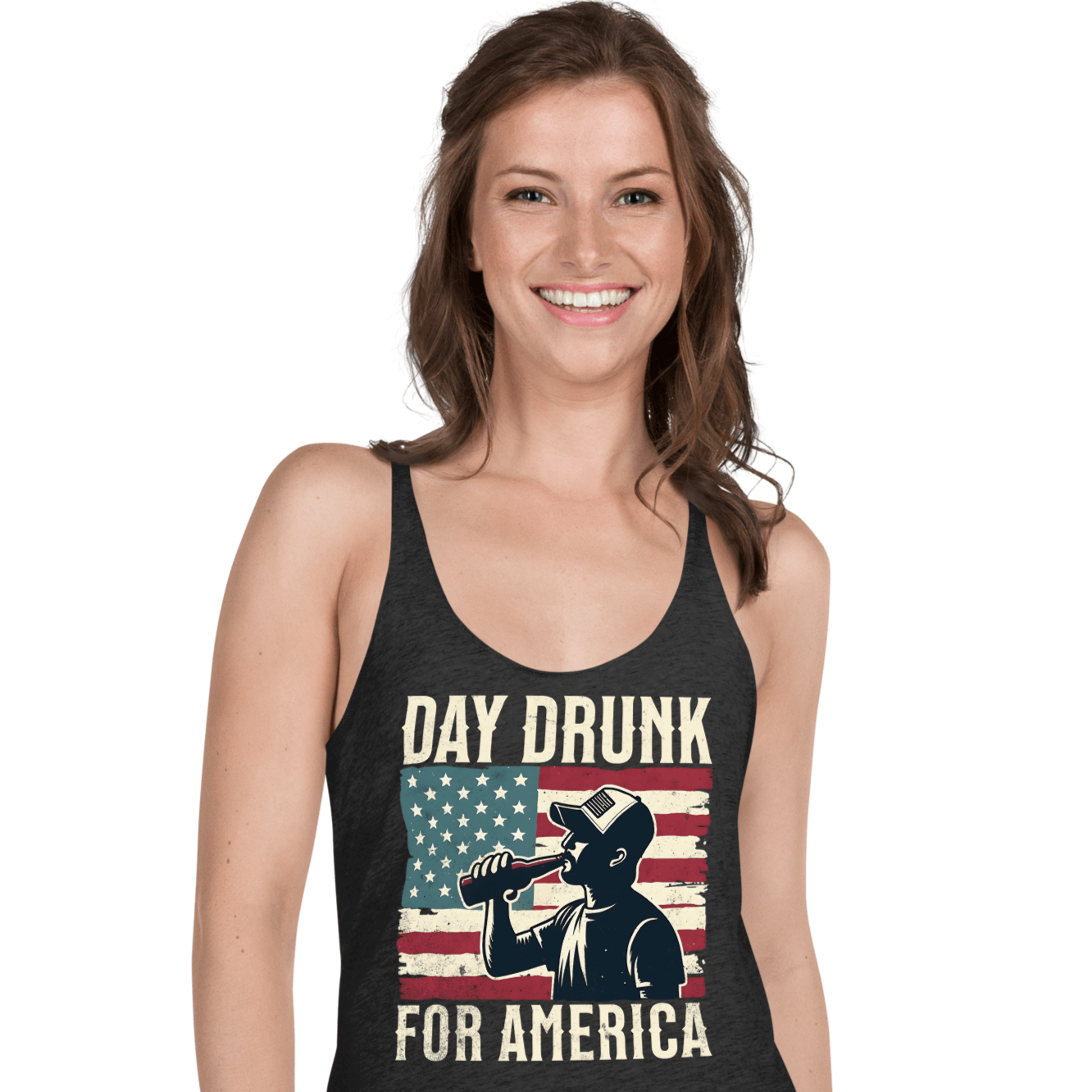 Racerback tank with Day Drunk for America text, silhouette of a man drinking a bottle of beer, and distressed American flag background. Perfect for 4th of July.