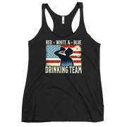 Racerback tank with Red White and Blue Drinking Team text, man drinking beer, and distressed American flag background. Perfect for 4th of July.