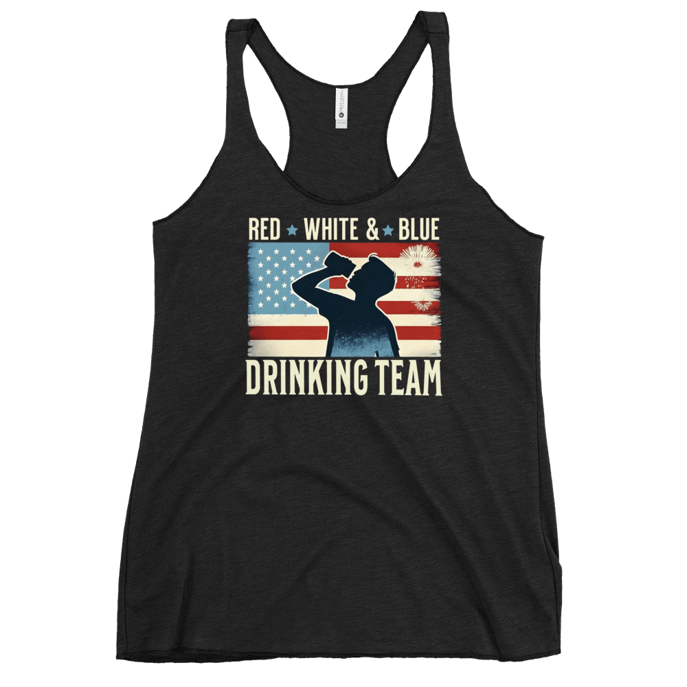 Racerback tank with Red White and Blue Drinking Team text, man drinking beer, and distressed American flag background. Perfect for 4th of July.