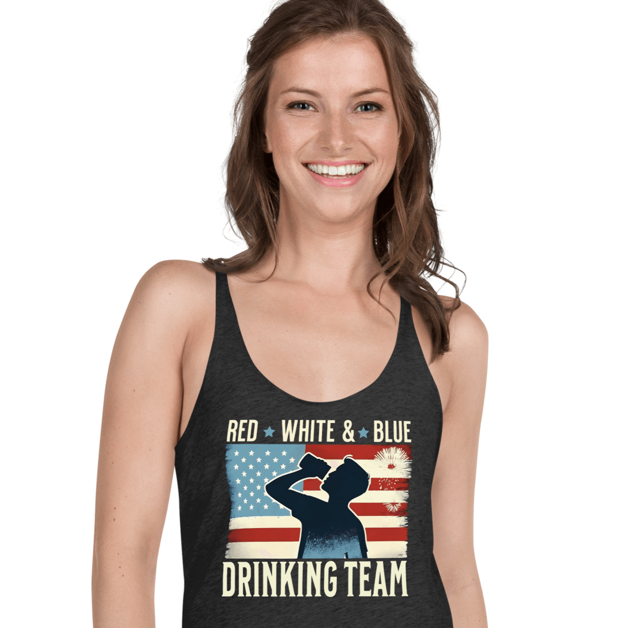 Racerback tank with Red White and Blue Drinking Team text, man drinking beer, and distressed American flag background. Perfect for 4th of July.