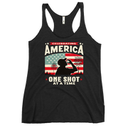 Racerback tank with Celebrating America One Shot at a Time text, silhouette of a man drinking a shot, and distressed American flag background. Perfect for 4th of July.