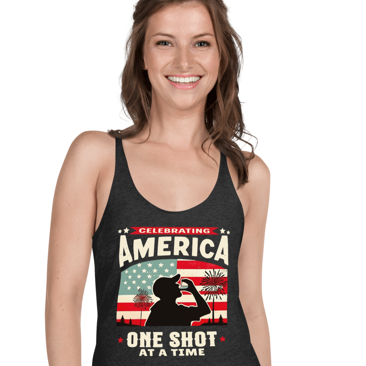 Racerback tank with Celebrating America One Shot at a Time text, silhouette of a man drinking a shot, and distressed American flag background. Perfect for 4th of July.