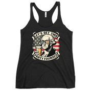 Racerback tank with Let's Get This Party Founded text, George Washington drinking a beer, and distressed American flag background. Perfect for 4th of July.