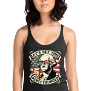 Racerback tank with Let's Get This Party Founded text, George Washington drinking a beer, and distressed American flag background. Perfect for 4th of July.