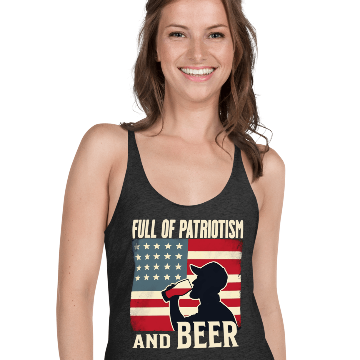 Racerback tank with Full of Patriotism and Beer text and a distressed American flag background. Perfect for 4th of July.