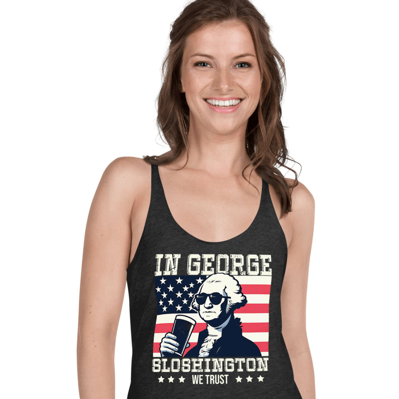 Celebrate with style in our In George Sloshington We Trust Tank for 4th of July. Perfect blend of patriotism & fun, lightweight for summer. Shop now!