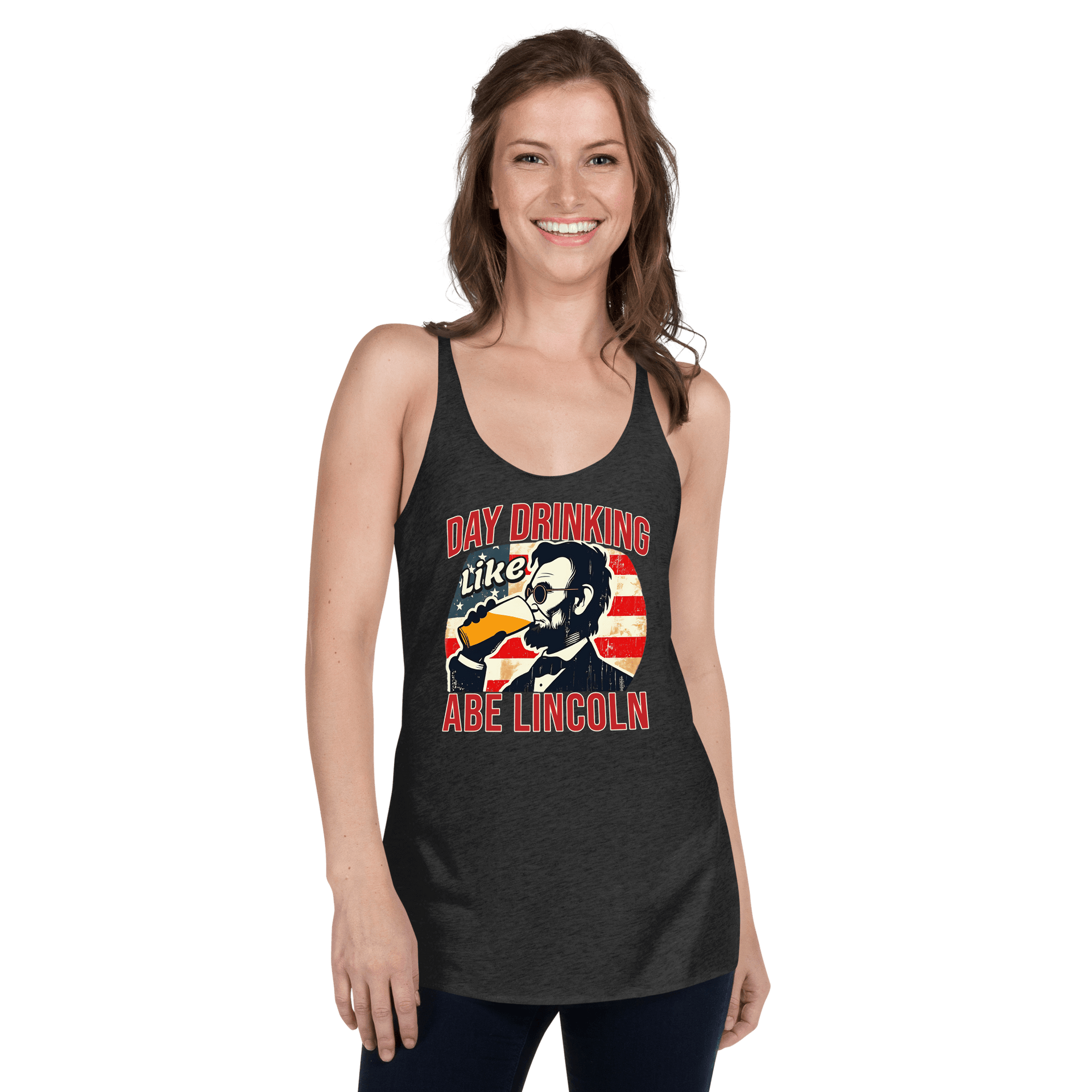 Get ready for July 4th with our Day Drinking Like Abe Lincoln Racerback. Perfect for BBQs & showing off your patriotic pride in style!