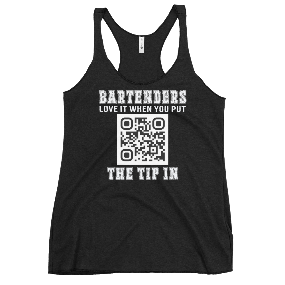 Customizable tank top for bartenders. Features a "Put the Tip In" phrase and a QR code for easy tipping. Ideal gift for bartenders.