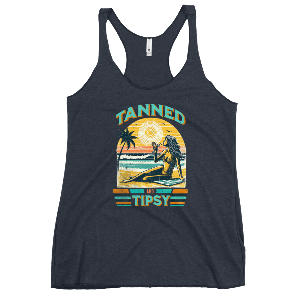 Retro 'Tanned and Tipsy' racerback tank with a woman enjoying a sunset cocktail on the beach, ideal for summer beach parties and day drinking.