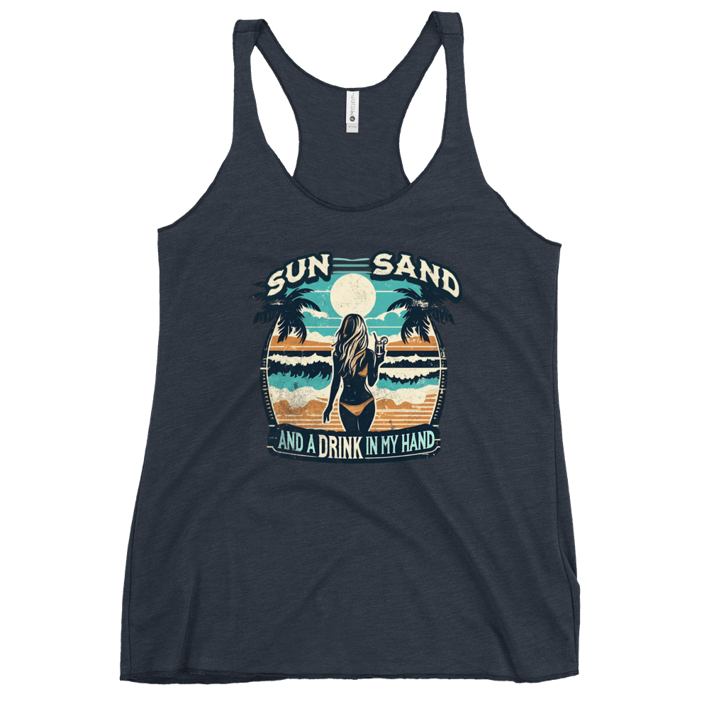 Beach scene on 'Sun, Sand, and a Drink in My Hand' racerback tank, with woman holding cocktail.