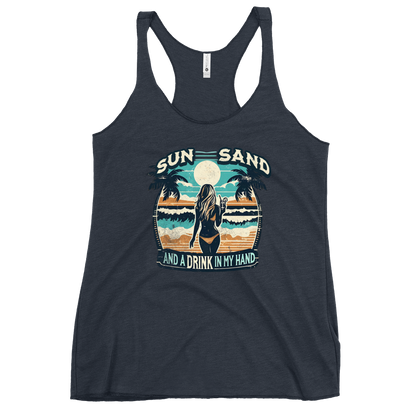 Beach scene on 'Sun, Sand, and a Drink in My Hand' racerback tank, with woman holding cocktail.