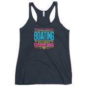 Women's racerback tank with "Weekend Forecast: Boating with a Chance of Drinking" in bright colors on the front.