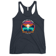 Racerback tank with "Friends Don't Let Friends Drink Alone at the Lake," featuring a lake and sunset design.