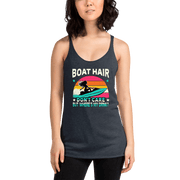 Racerback tank with "Boar Hair Don't Care, But Where's My Drink?" featuring a woman on a jet ski against a sunset.