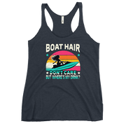 Racerback tank with "Boar Hair Don't Care, But Where's My Drink?" featuring a woman on a jet ski against a sunset.