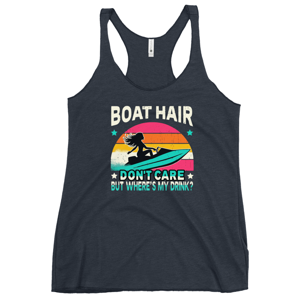 Racerback tank with "Boar Hair Don't Care, But Where's My Drink?" featuring a woman on a jet ski against a sunset.