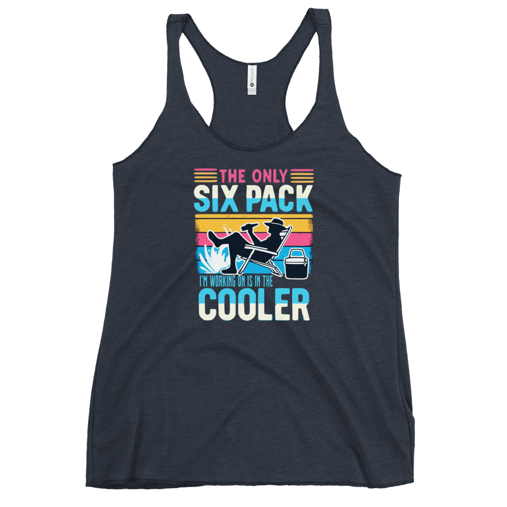 Racerback tank displaying "The Only Six-Pack I'm Working On Is In The Cooler" with a man in a beach chair and a beer.