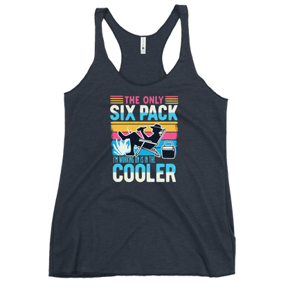 Racerback tank displaying "The Only Six-Pack I'm Working On Is In The Cooler" with a man in a beach chair and a beer.