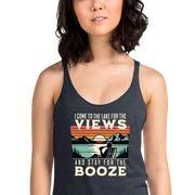 Racerback tank with "I Come to the Lake for the Views and Stay for the Booze," featuring a man in a beach chair, lake, and sunset.