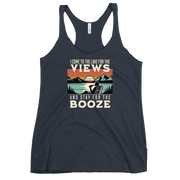 Racerback tank with "I Come to the Lake for the Views and Stay for the Booze," featuring a man in a beach chair, lake, and sunset.