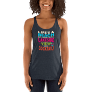 Racerback tank with "Life's a Beach but I Prefer It with a Lakeside View and a Cocktail" in bright, lively colors.