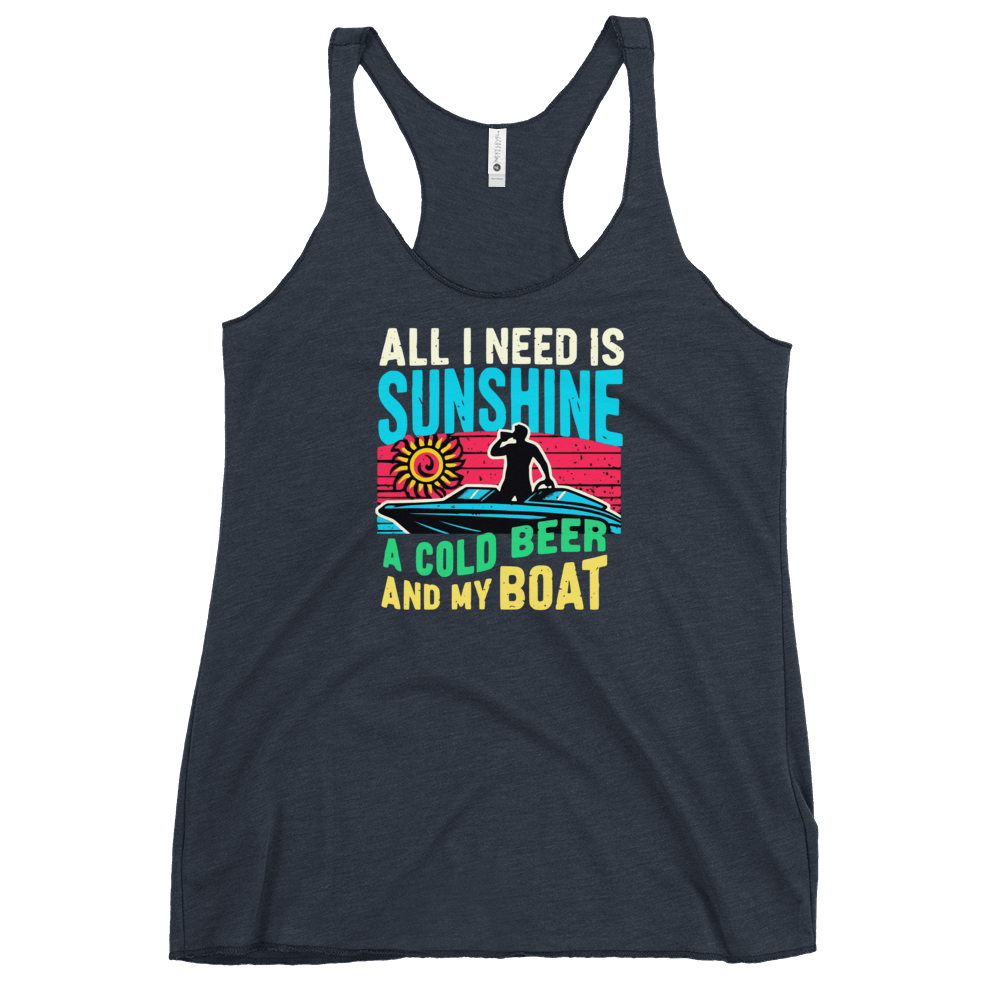 Racerback tank featuring "All I Need Is Sunshine, a Cold Beer, and My Boat," with a man in a boat and a retro sunset.