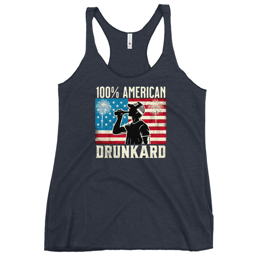 Racerback tank with '100% American Drunkard' text, man drinking a bottle of beer wearing a trucker hat, and distressed American flag background for the 4th of July