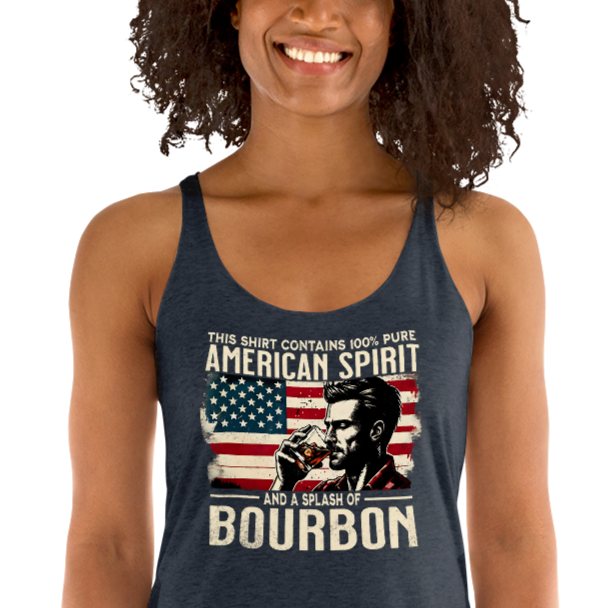 Racerback tank with 'This Shirt Contains 100% American Spirit and a Splash of Bourbon' text, man drinking a glass of bourbon, and distressed American flag background