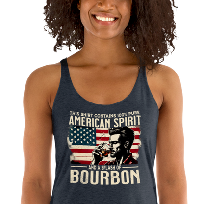 Racerback tank with 'This Shirt Contains 100% American Spirit and a Splash of Bourbon' text, man drinking a glass of bourbon, and distressed American flag background