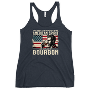 Racerback tank with 'This Shirt Contains 100% American Spirit and a Splash of Bourbon' text, man drinking a glass of bourbon, and distressed American flag background