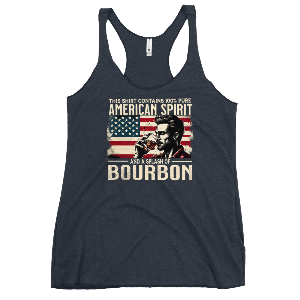 Racerback tank with 'This Shirt Contains 100% American Spirit and a Splash of Bourbon' text, man drinking a glass of bourbon, and distressed American flag background