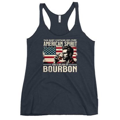 Racerback tank with 'This Shirt Contains 100% American Spirit and a Splash of Bourbon' text, man drinking a glass of bourbon, and distressed American flag background