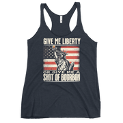 Racerback tank with Give Me Liberty or Give Me a Shot of Bourbon text, Statue of Liberty holding a shot glass, and distressed American flag background. Perfect for 4th of July.