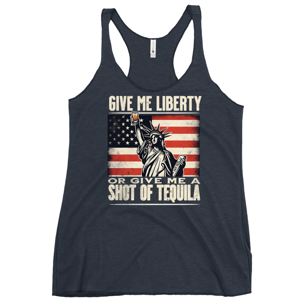 Racerback tank with Give Me Liberty or Give Me a Shot of Tequila text, Statue of Liberty holding a shot glass, and distressed American flag background. Perfect for 4th of July.