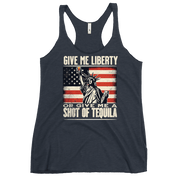 Racerback tank with Give Me Liberty or Give Me a Shot of Tequila text, Statue of Liberty holding a shot glass, and distressed American flag background. Perfect for 4th of July.