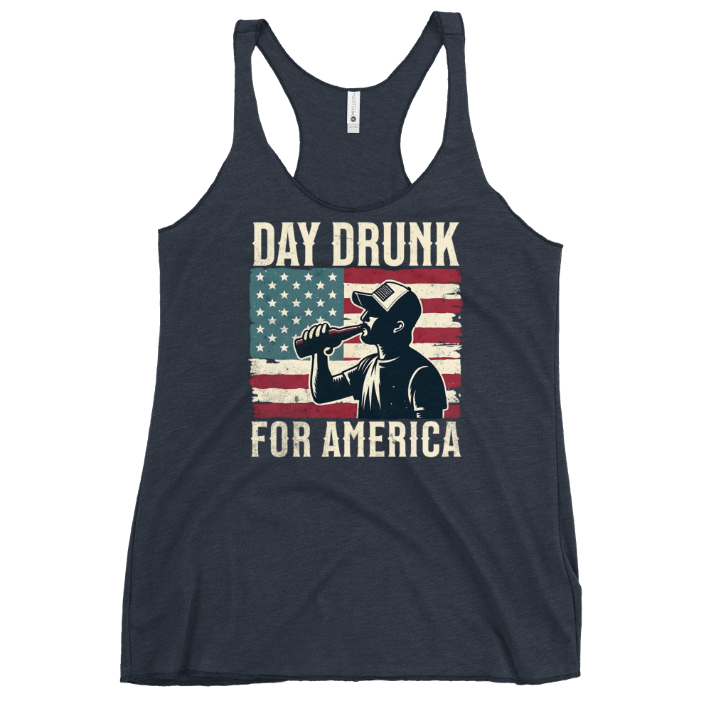 Racerback tank with Day Drunk for America text, silhouette of a man drinking a bottle of beer, and distressed American flag background. Perfect for 4th of July.