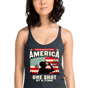 Racerback tank with Celebrating America One Shot at a Time text, silhouette of a man drinking a shot, and distressed American flag background. Perfect for 4th of July.