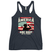 Racerback tank with Celebrating America One Shot at a Time text, silhouette of a man drinking a shot, and distressed American flag background. Perfect for 4th of July.