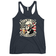 Racerback tank with Let's Get This Party Founded text, George Washington drinking a beer, and distressed American flag background. Perfect for 4th of July.