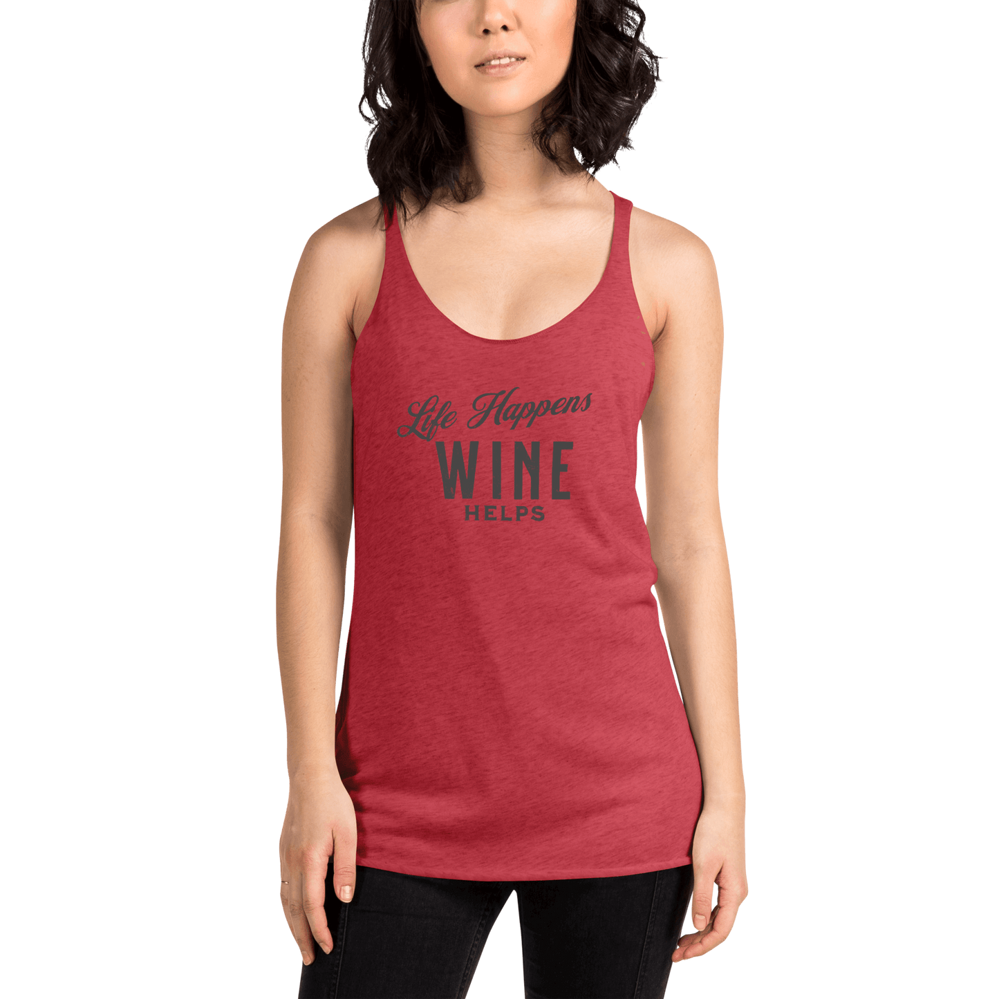 Life Happens Wine Helps Tank | Funny Women's ApparelDiscover our Life Happens Wine Helps racerback tank for women. Perfect blend of humor and comfort with a soft, lightweight design. Shop now!