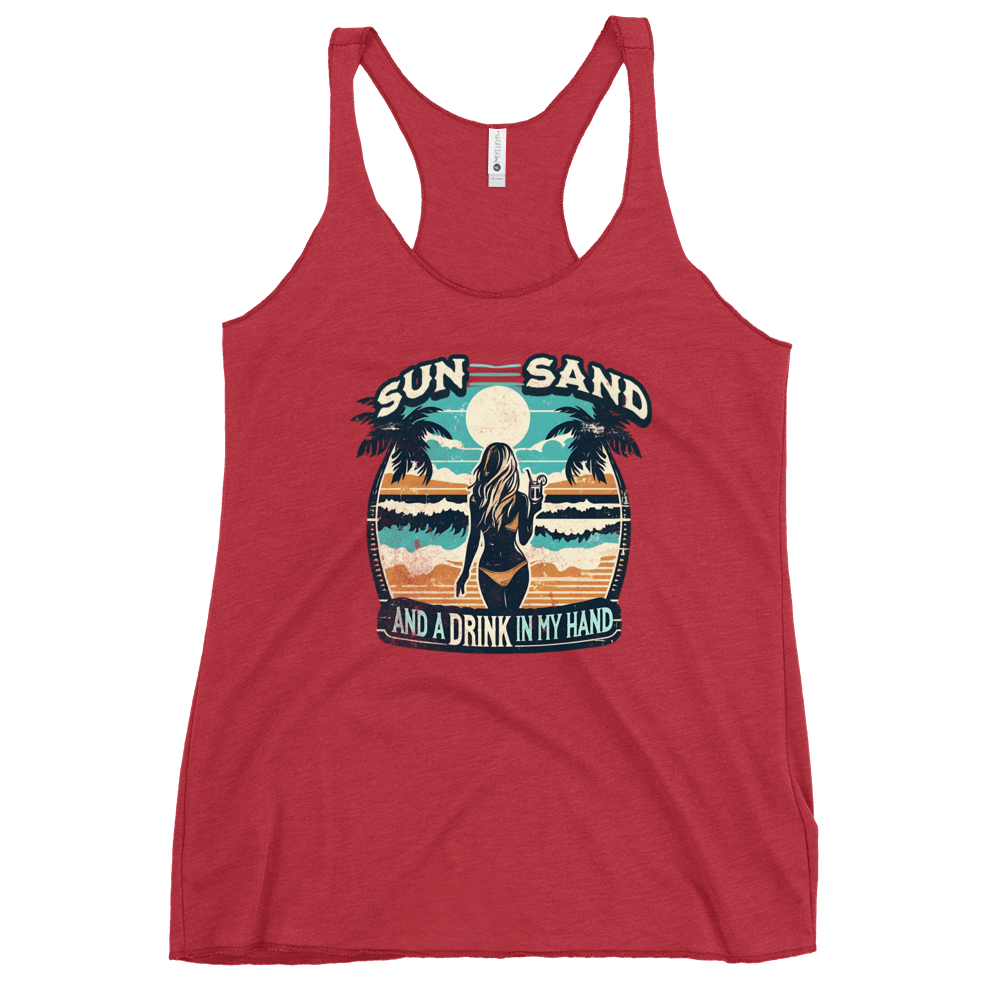 Beach scene on 'Sun, Sand, and a Drink in My Hand' racerback tank, with woman holding cocktail.