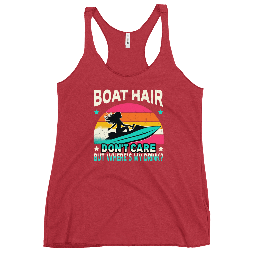 Racerback tank with "Boar Hair Don't Care, But Where's My Drink?" featuring a woman on a jet ski against a sunset.
