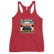 Racerback tank featuring "Warning: The Girls Are Drinking Again" with an illustration of girls drinking on a pontoon boat at sunset.