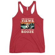 Racerback tank with "I Come to the Lake for the Views and Stay for the Booze," featuring a man in a beach chair, lake, and sunset.