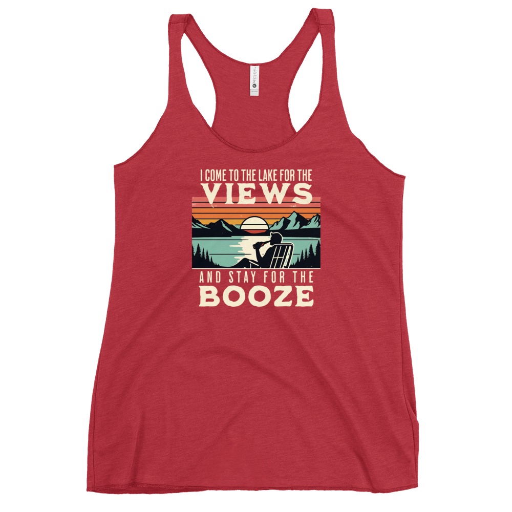 Racerback tank with "I Come to the Lake for the Views and Stay for the Booze," featuring a man in a beach chair, lake, and sunset.