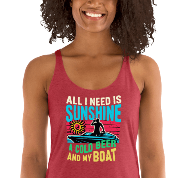 Racerback tank featuring "All I Need Is Sunshine, a Cold Beer, and My Boat," with a man in a boat and a retro sunset.