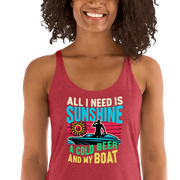 Racerback tank featuring "All I Need Is Sunshine, a Cold Beer, and My Boat," with a man in a boat and a retro sunset.