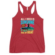 Racerback tank featuring "All I Need Is Sunshine, a Cold Beer, and My Boat," with a man in a boat and a retro sunset.