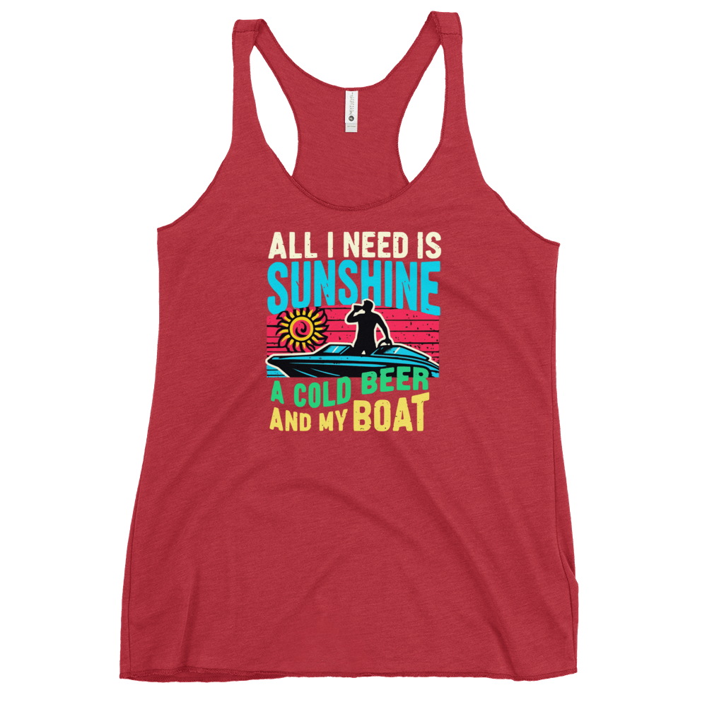 Racerback tank featuring "All I Need Is Sunshine, a Cold Beer, and My Boat," with a man in a boat and a retro sunset.